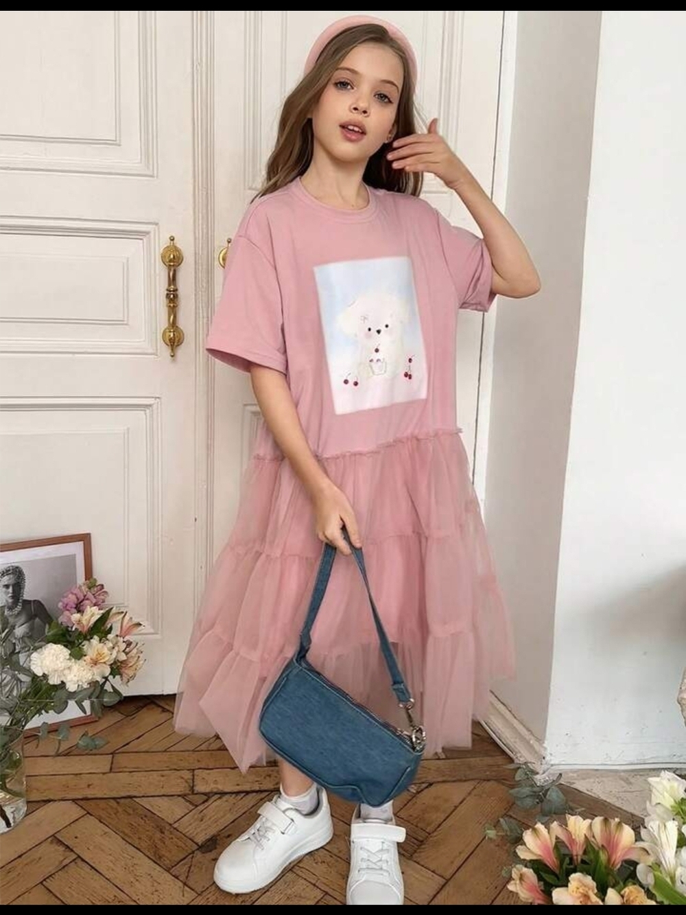 Girls' Pink Tiered Tulle Dress with Graphic Tee Top